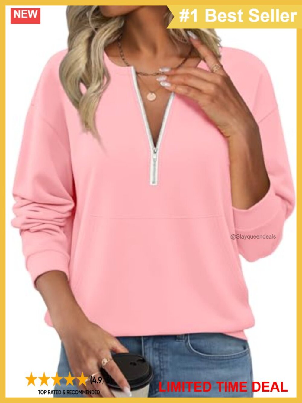 Fleece Lined Half Zip Sweatshirt Kangaroo Pocket Pullover Casual